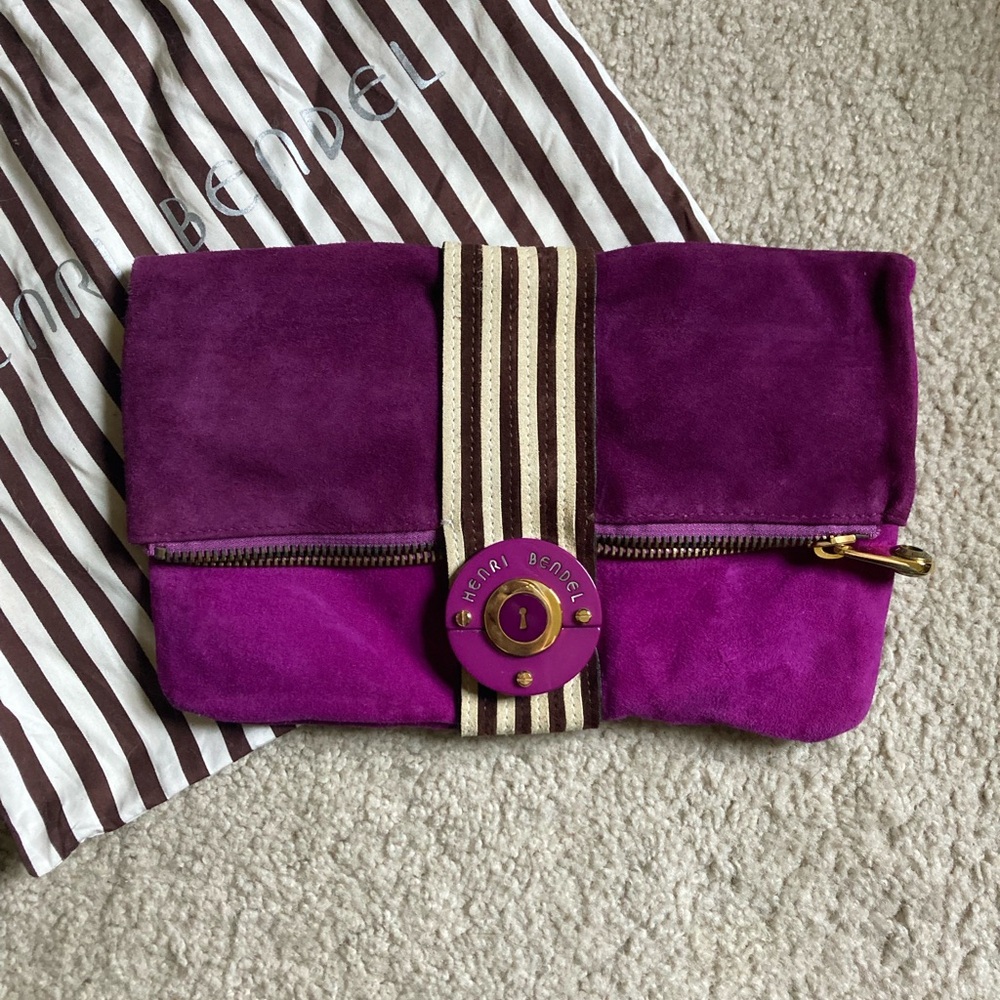 Henri Bendel Vibrant Purple suede Clutch with Striped Accent and Button Buckle
